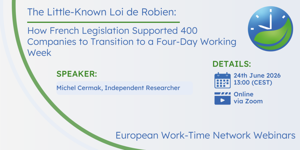 Flyer for a webinar on a piece of French 4-day week legislation from 1996.